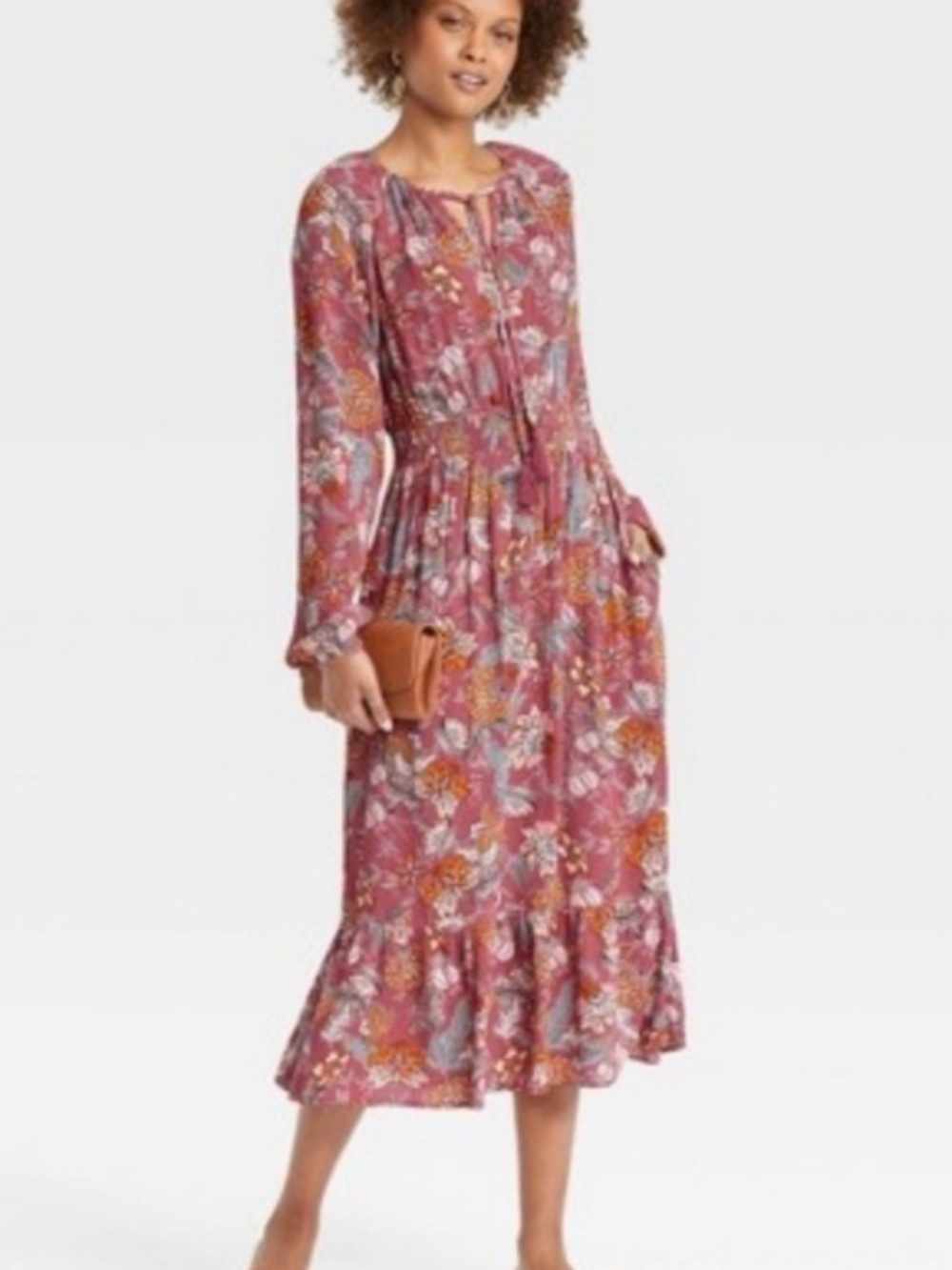 Knox Rose Floral Long-Sleeve Smocked Midi Dress in Rose. Size Large